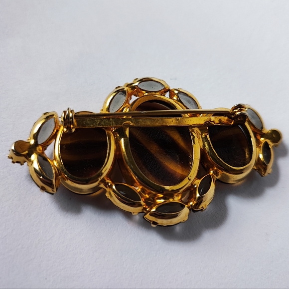Glass Tortoise Striped Prong Set Brooch Gold Tone Smoke Open Back Prong Set Pin - Picture 3 of 10